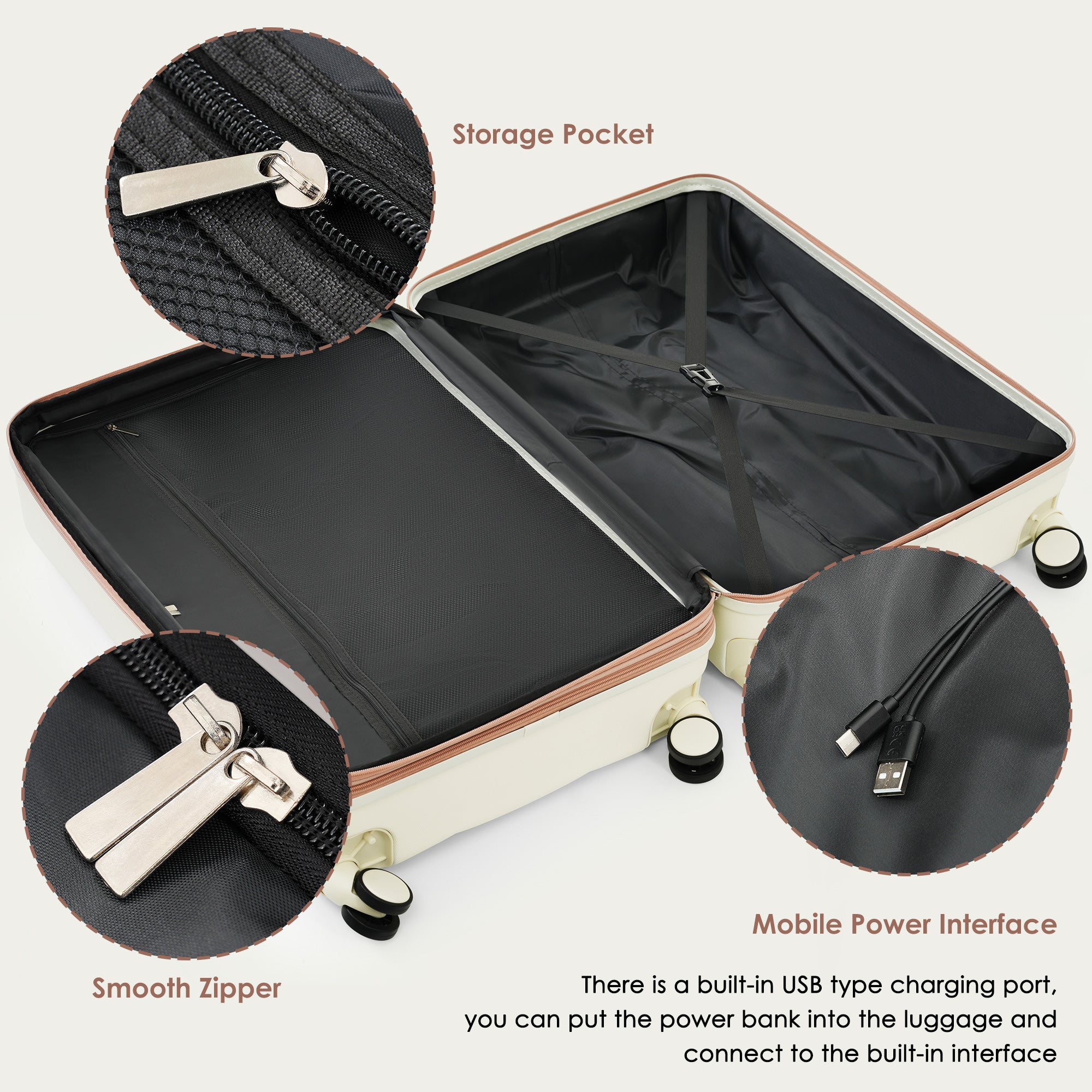 4-piece Suitcase Set With USB Port, Expandable ABS Durable Suitcase With Travel Bag, Cup Holder, With Spinner Wheels, Beige
