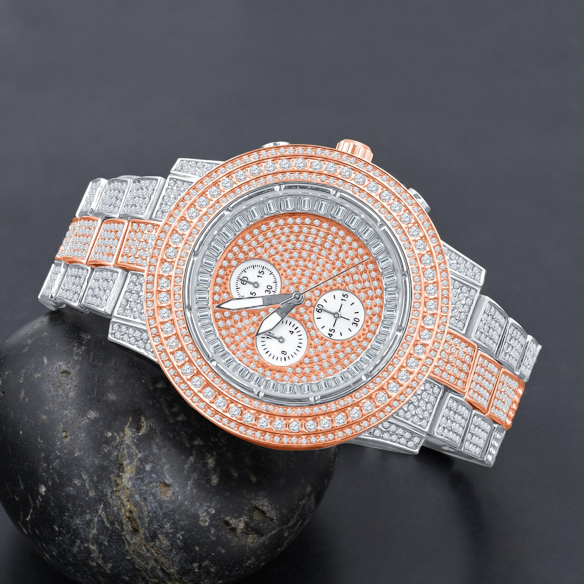 Iced Out Hip Hop Mens Watch Rose Gold Silver Bling Luxury
