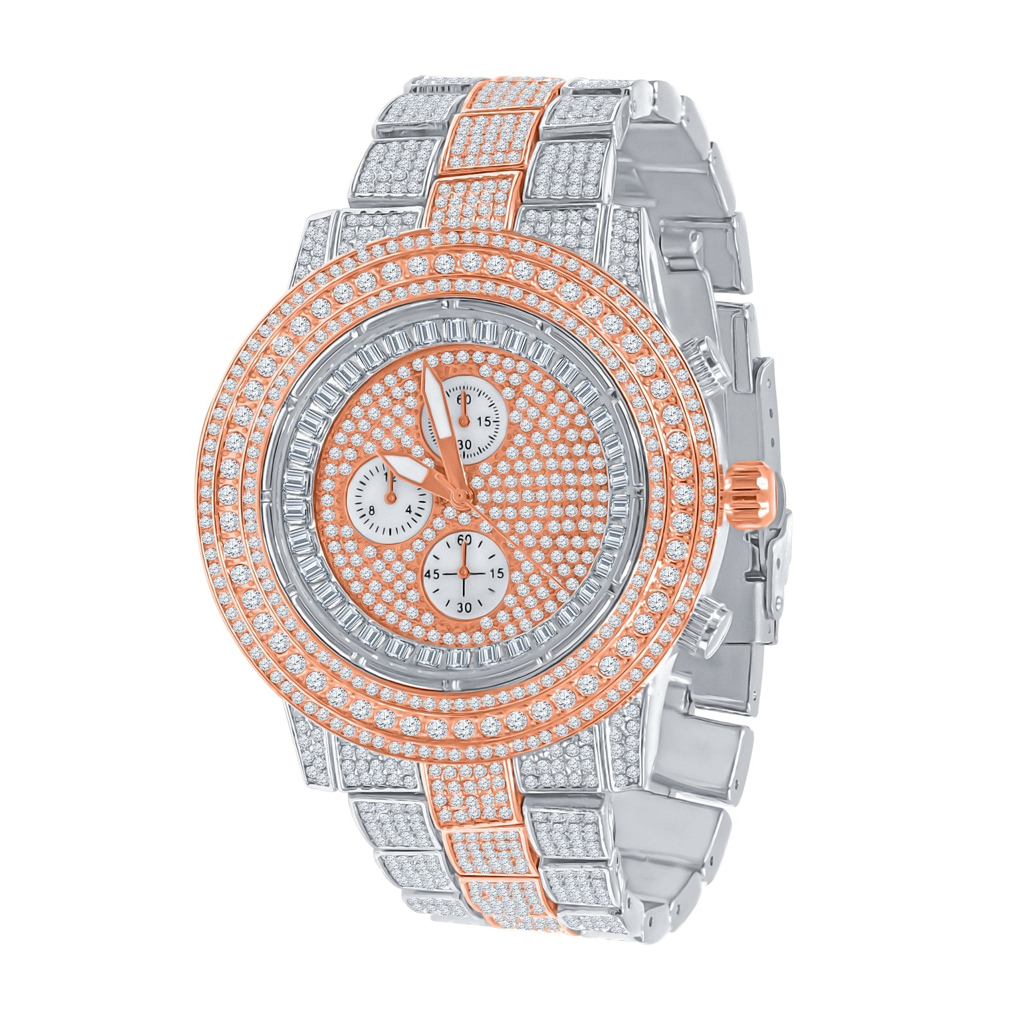 Iced Out Hip Hop Mens Watch Rose Gold Silver Bling Luxury